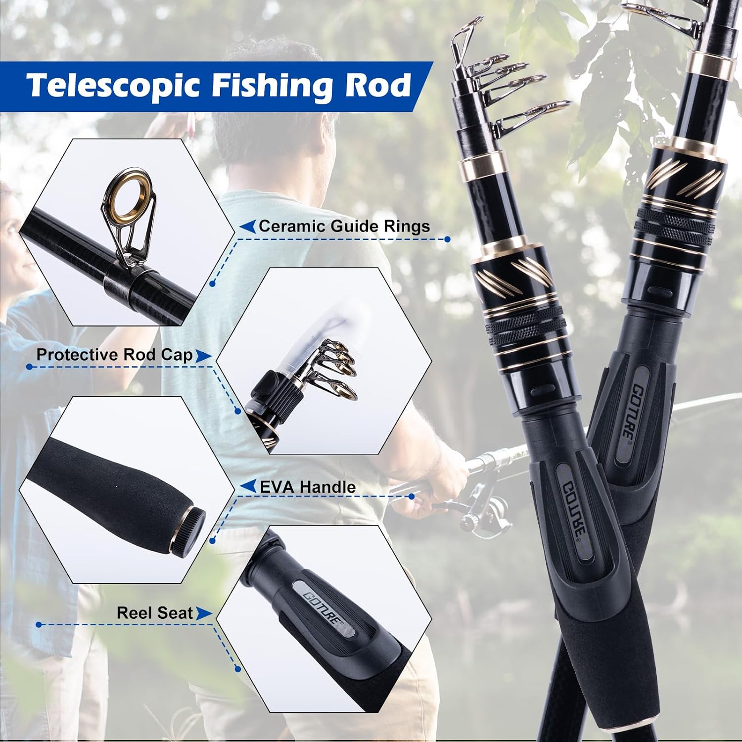 GOTURE Telescopic Fishing Rod and Reel Combos, Carbon Fiber Travel Fishing Pole, 9+1 BB Spinning Reel, Saltwater Freshwater Fishing Gear Kit with Braided Line, Lures, Carrier Bag for Bass Trout