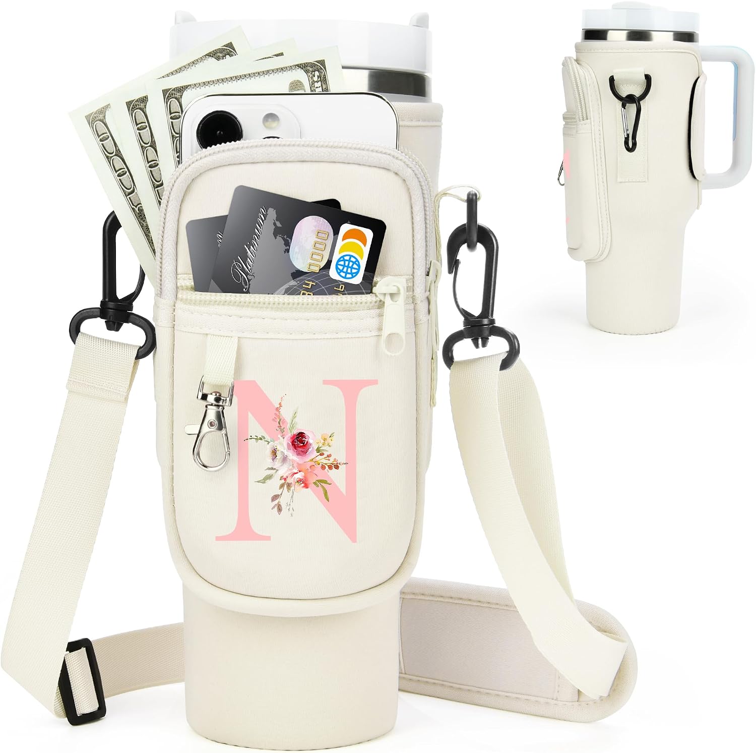 Initial Water Bottle Holder with Strap for Stanley Cup Accessories 40 oz/Simple Modern Tumbler, Birthdays for Women Girls, Water Bottle Carrier Bag with Phone Pocket,Hiking Walking Gym Camping