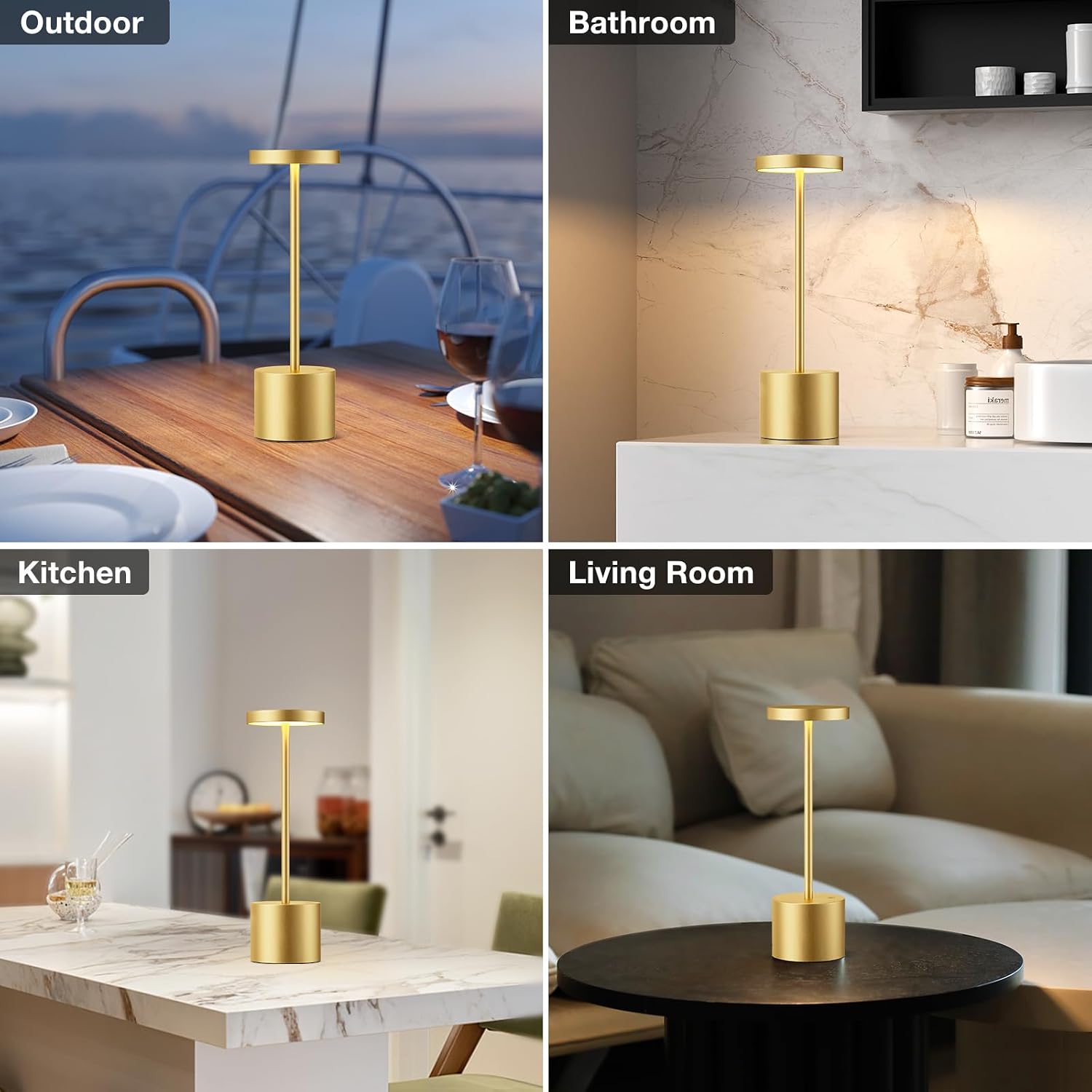 Cordless Rechargeable Table Lamp, 4000mAh Battery Operated, Light Gold, 2