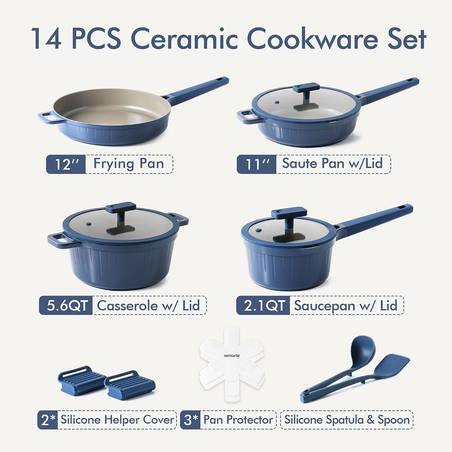 SENSARTE 14Pcs Pots and Pans Set Non Stick, Ceramic Cookware Set Non toxic
