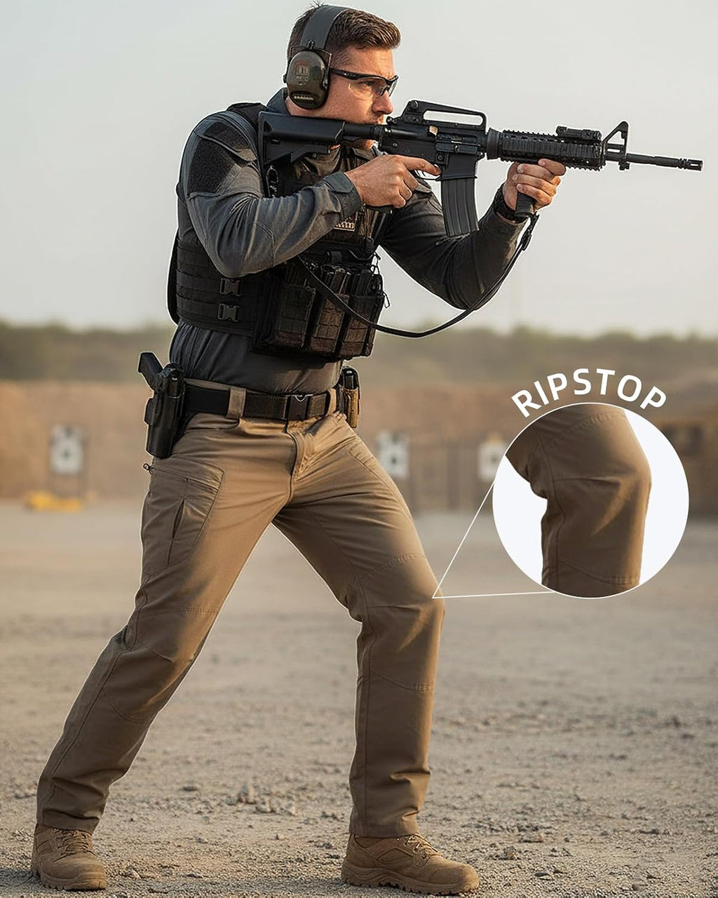 Men's Stretch Tactical Pants Waterproof Ripstop Fabric Cargo Pants Lightweight Casual Hiking Outdoor Work Pants (No Belt)