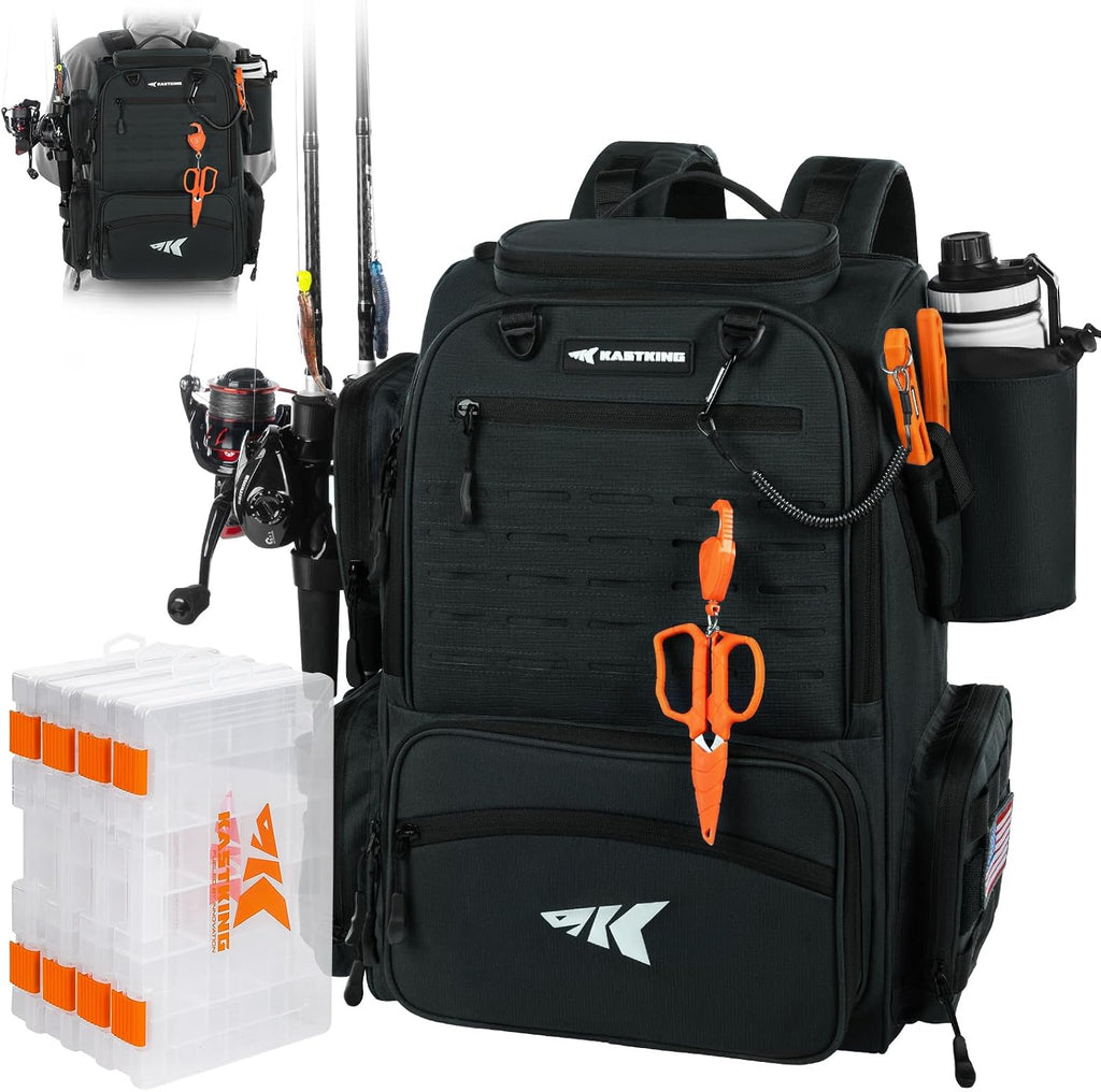 KastKing Bait Boss Fishing Backpack with Rod Holders, 4 Tackle Boxes