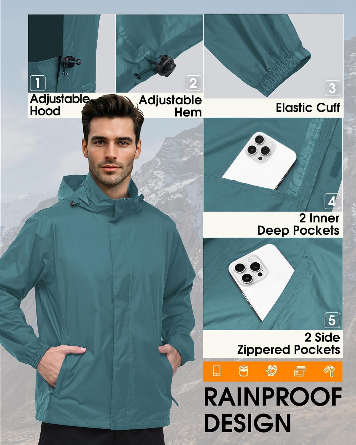 Outdoor Ventures Men's Rain Jacket Waterproof Lightweight Packable Raincoat