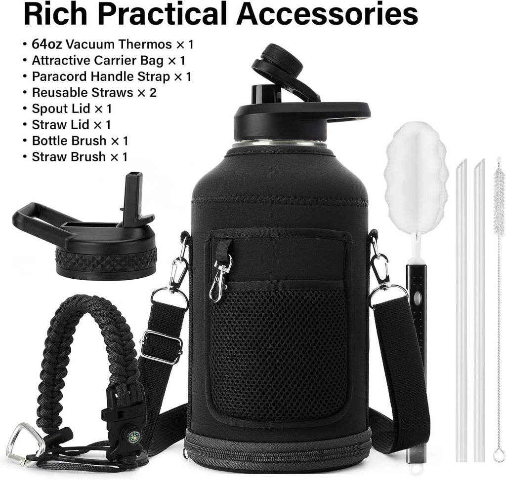 DYSANKY Insulated Water Bottle w/Straw Lid & Portable Carrier Bag, 64oz