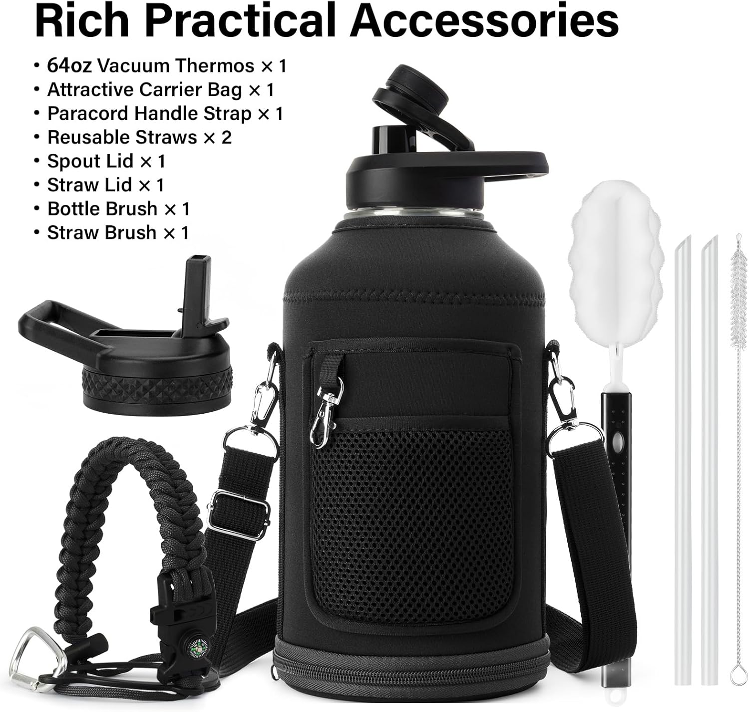 DYSANKY Insulated Water Bottle w/Straw Lid & Portable Carrier Bag, 64oz