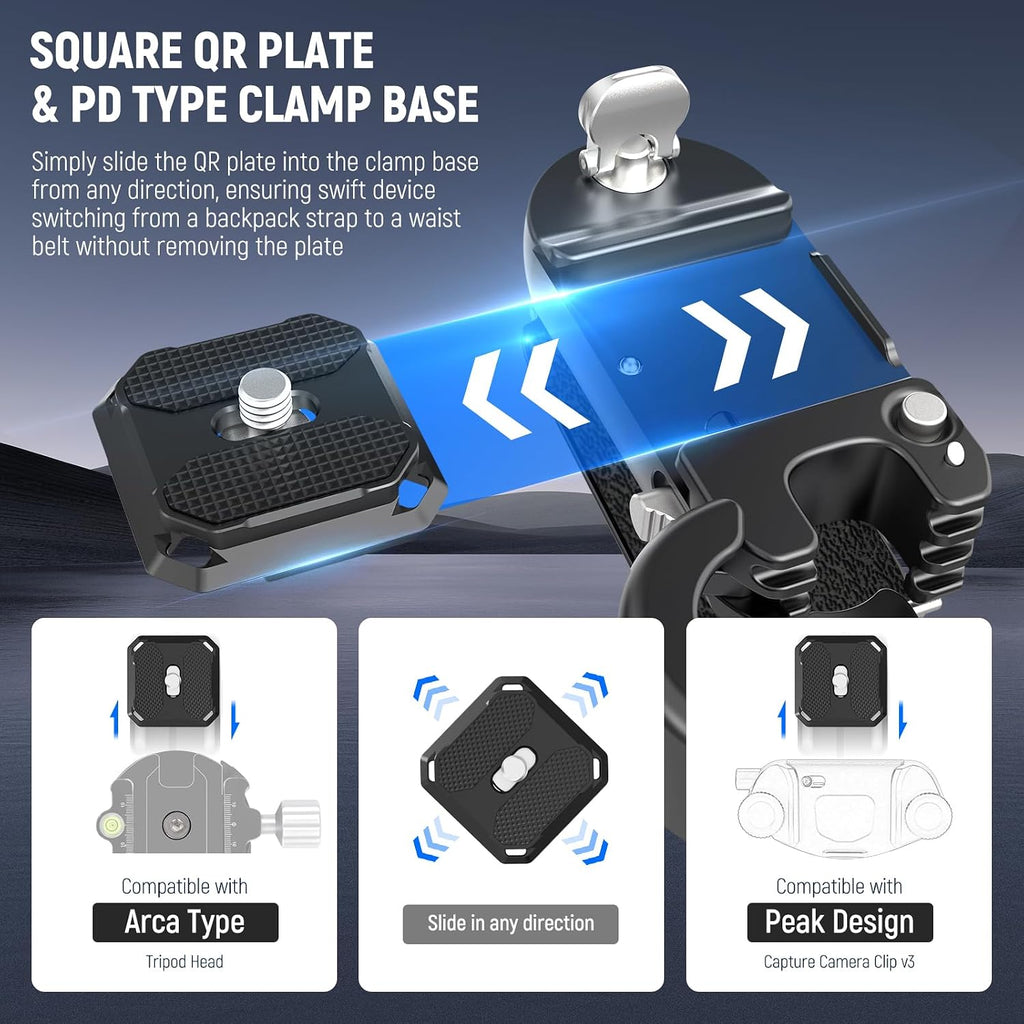 NEEWER Backpack Camera Clip Mount with Square QR Plate, Upgraded Safety Latch, Quick Release Camera Belt Clip Backpack Strap Compatible with PD QR System Canon Nikon Sony DSLRs, GP67