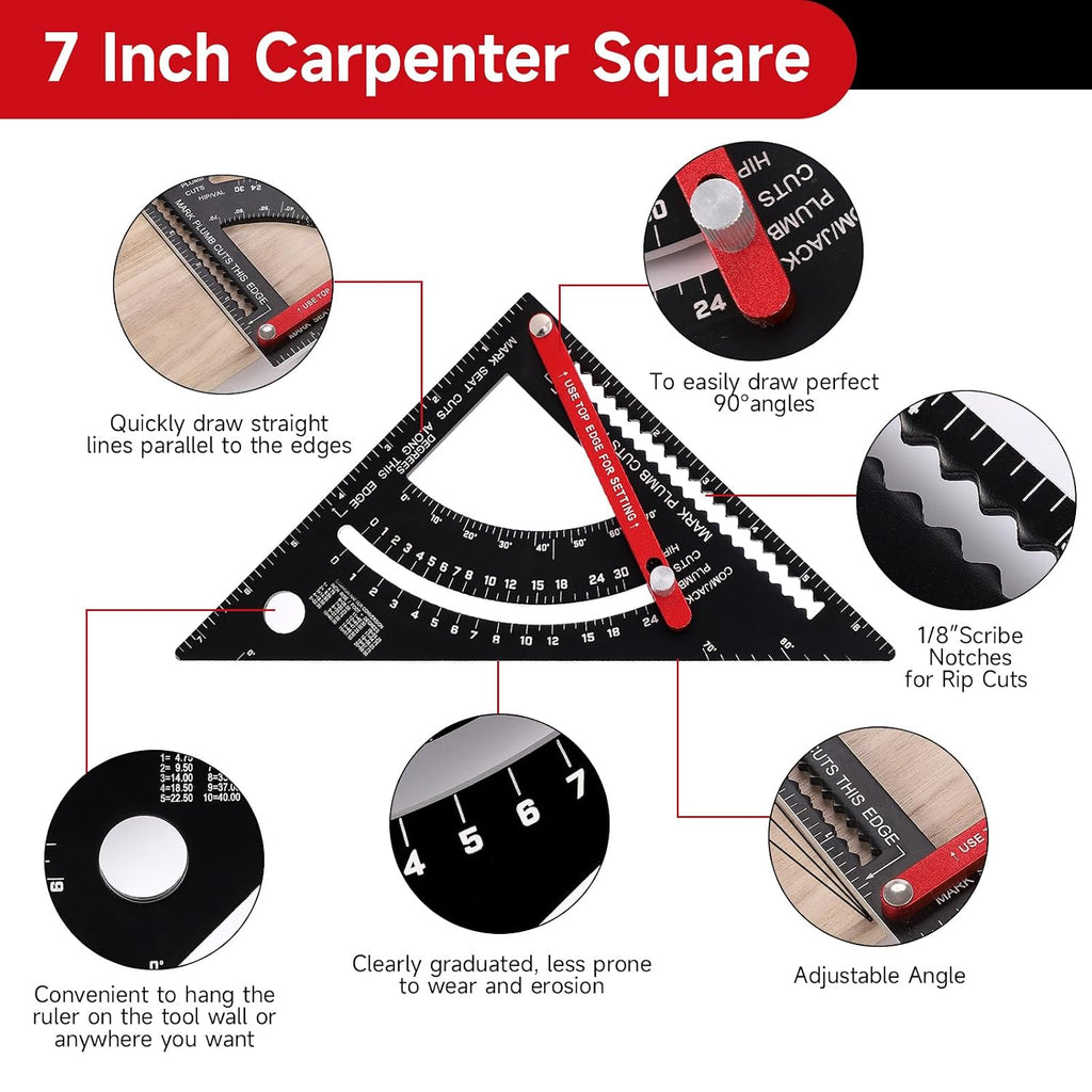 Carpenter Square 7 inch, Aluminum Adjustable Rafter Framing Square, Multifunction Woodworking Measuring Tools, Combination Square Angle Carpentry Triangle Ruler with 2 Pencils