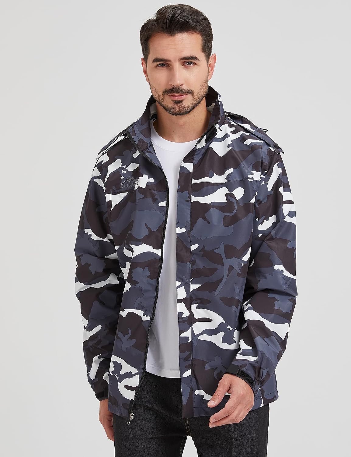 ELLSWOS Men's Lightweight Waterproof Rain Jacket with Detachable Hood
