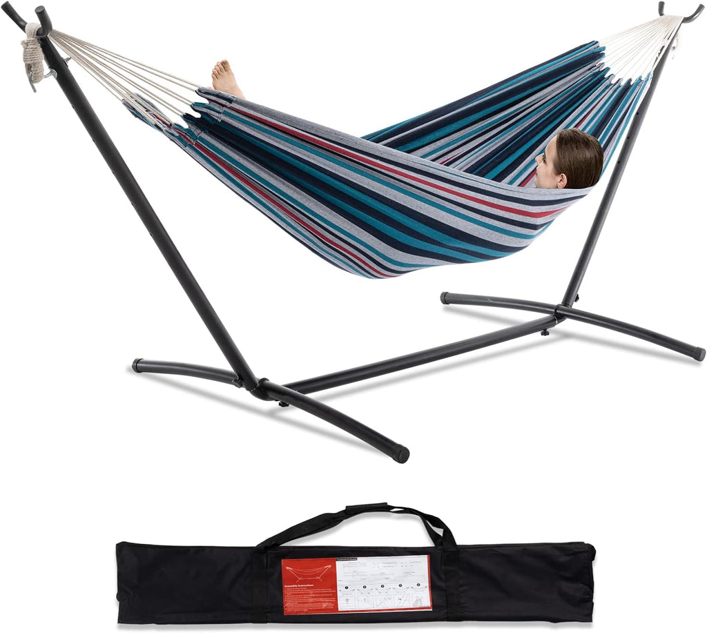 PNAEUT Double Hammock with Stand for Outside, Heavy-Duty, Portable (Denim)