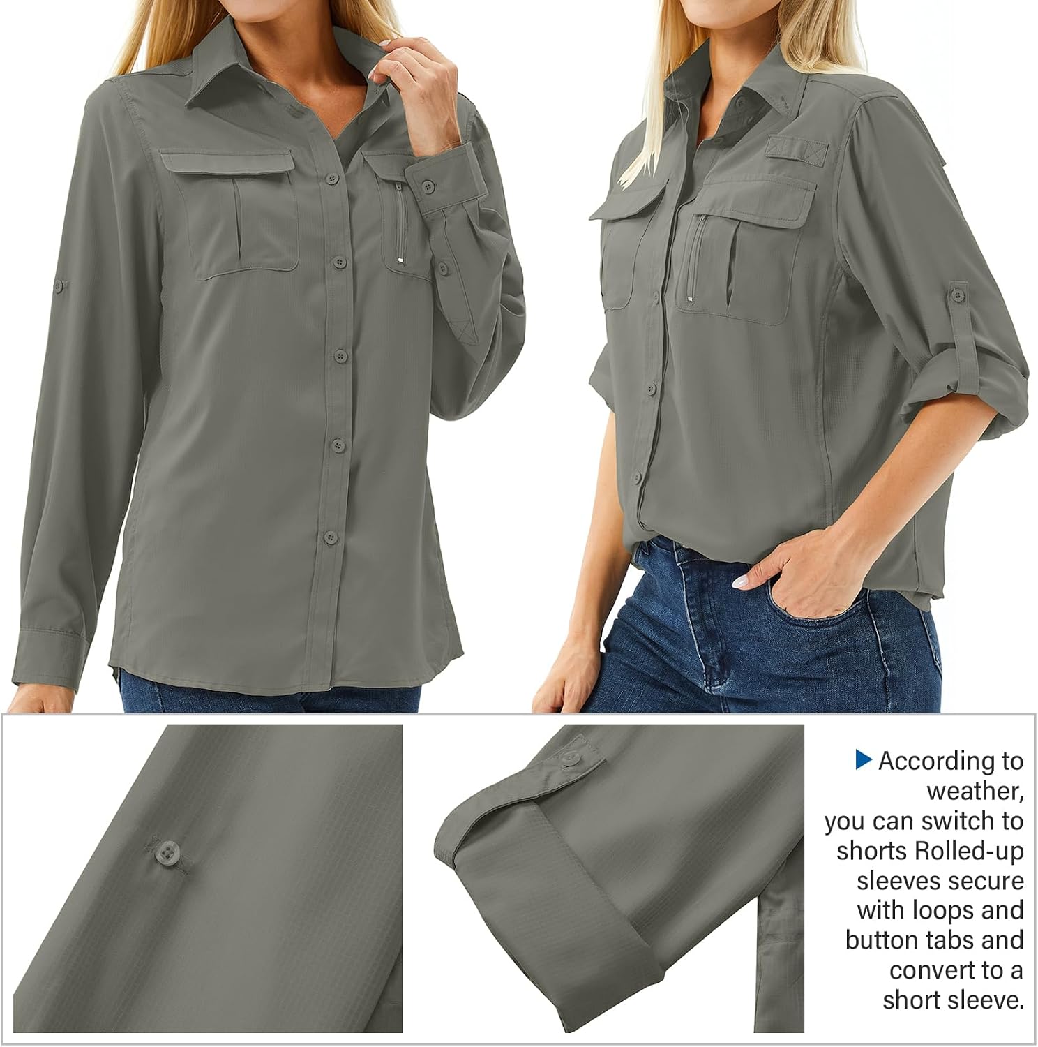 Women's UPF 50 Long Sleeve Sun Protection Safari Fish Hiking Shirts