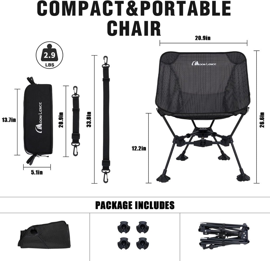 MOON LENCE Portable Camping Chair Backpacking Chair Ultralight Folding Chairs with Tear Resistant Fabric， Detachable Anti-Sinking Feet for Beach, Black