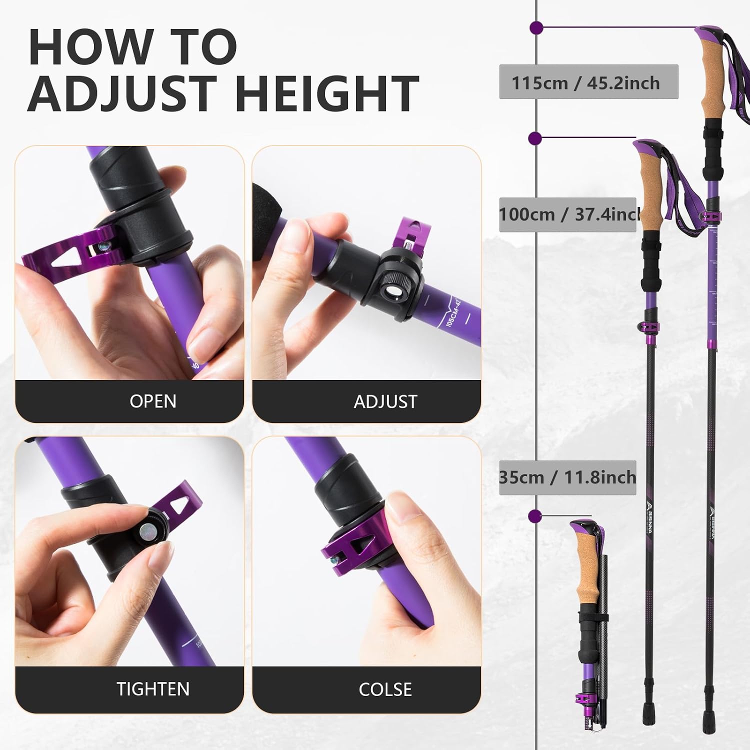 BISINNA Carbon Fiber Trekking Poles Collapsible Hiking Poles 2PC