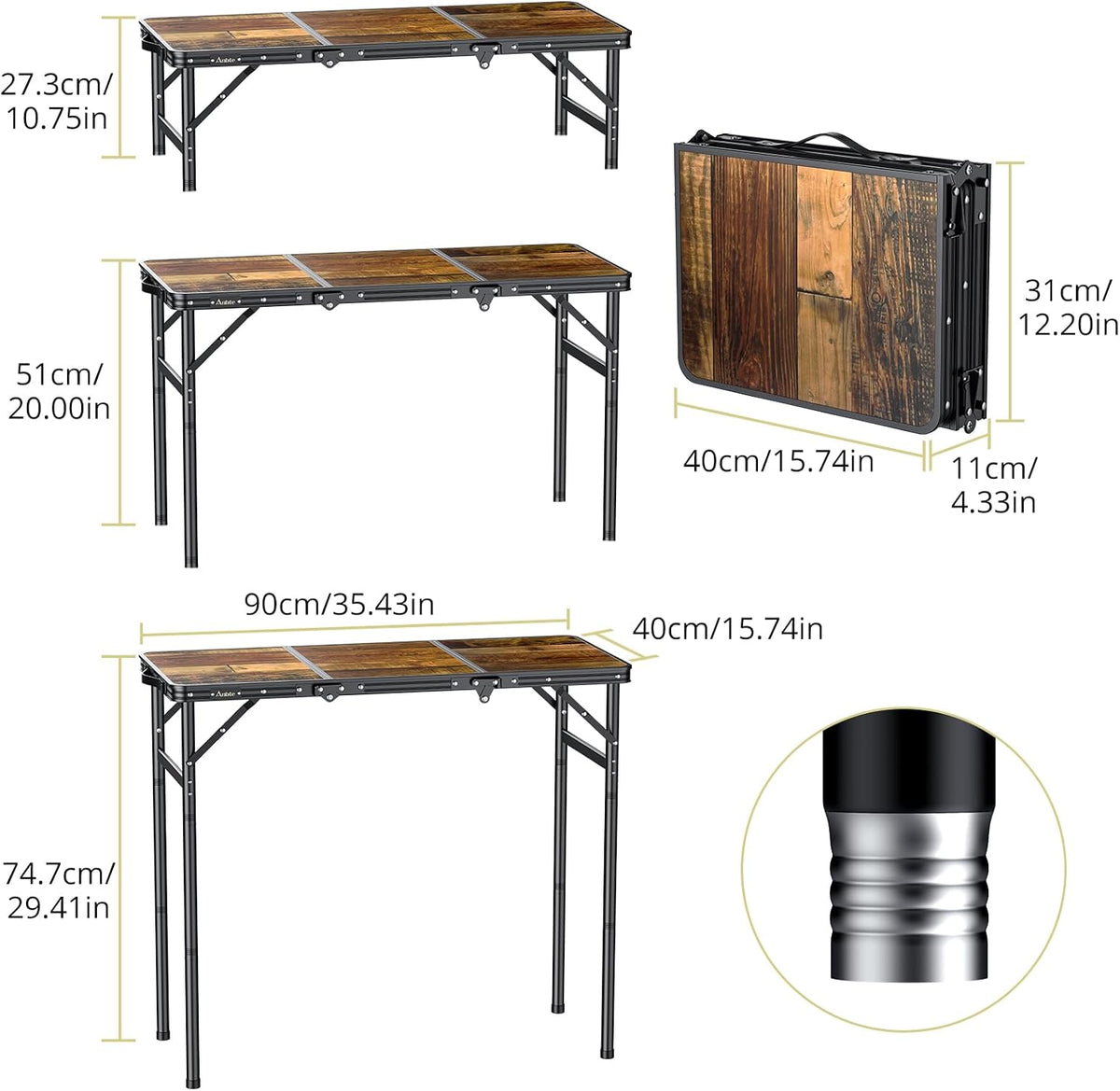 Anbte 3ft Folding Camping Table, 3 Adjustable Height 29.5", Rustic Brown
