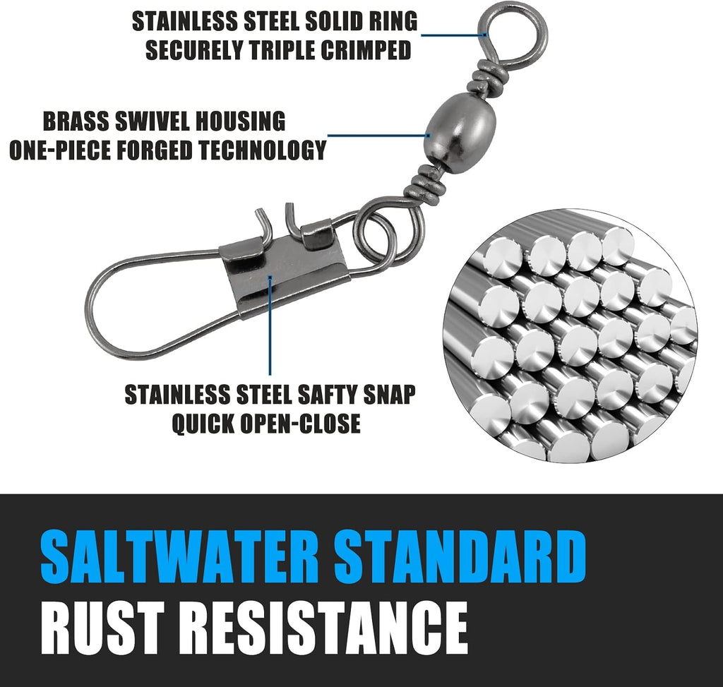 Dr.Fish 50 Pack Fishing Snap Swivels, Barrel Swivels Fishing Tackles, Stainless Steel Safty Interlock Snaps Leader Line Lure Connector Fresh&Saltwater 26-132Lb