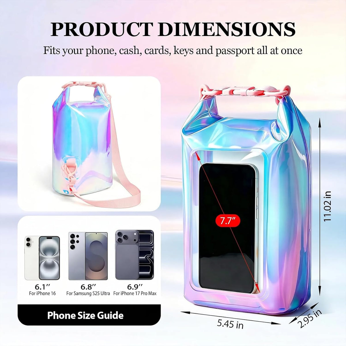 IP68 Waterproof Phone Pouch Case Three-Layer Seal for iPhone 17 16 Pro Max/15/14, IP68 Travel Cellphone Dry Bag Beach Cruise Ship Essential Bucket Bag with Crossbody Lanyard, Iridescent