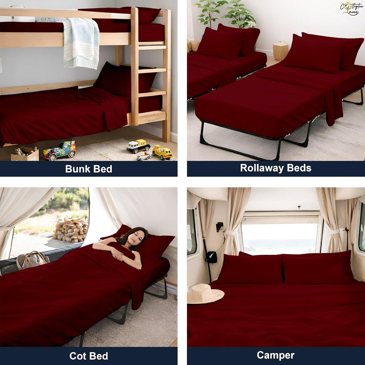 Cottington Lane 4 Piece Cot Sheets Set 32 x 75, Premium Egyptian Cotton Sheets, Perfect for Narrow Twin, Camp Bunk, Army Cots, Trifold Mattress, Camping Cot, Guest Bed Replacement, Burgundy