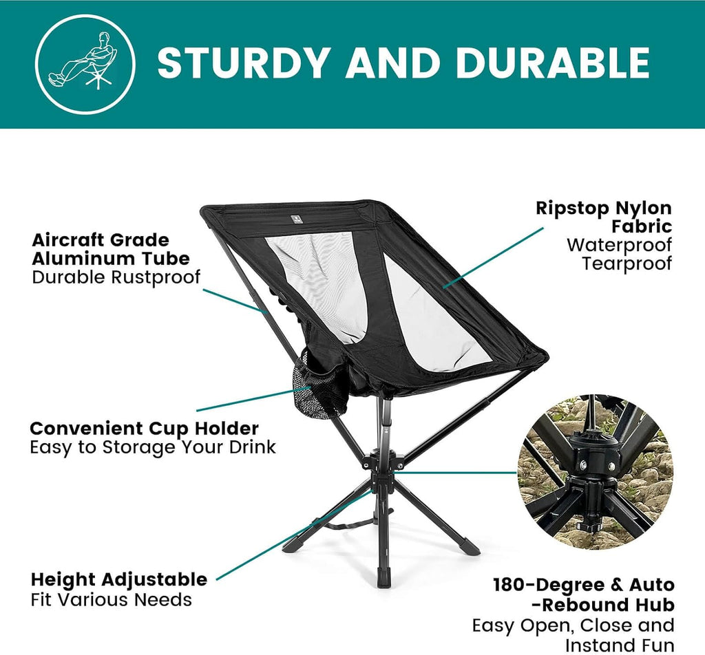 TCEK Portable Camping Chair - SwivelCore 180 Swivel & Auto-Return, Small Compact Lightweight Folding Chairs for Adults, Outdoor Backpack Chair for Adventures, Setup in Seconds, Support 300 LBS