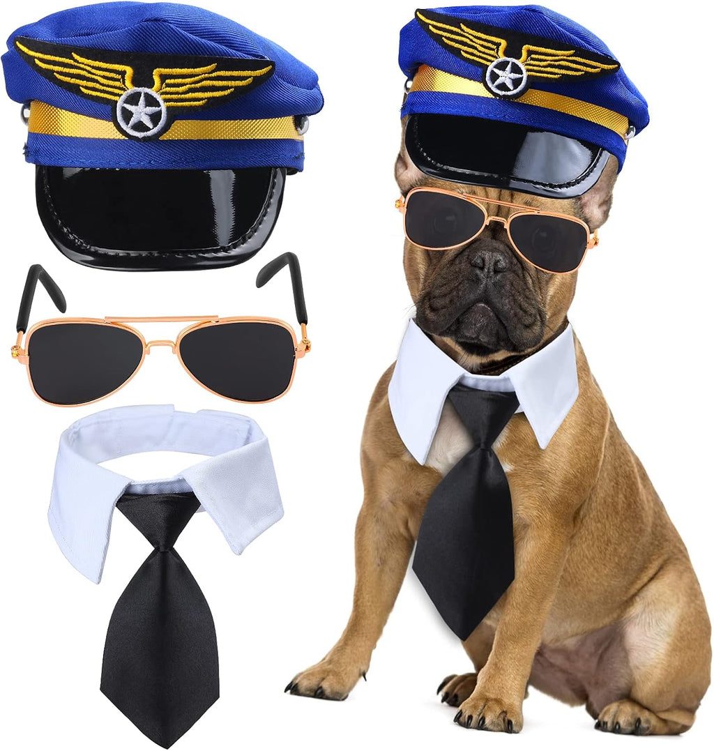 Yewong 3 Pieces Pet Captain Pilot Costume Accessory Set Dog Cat Pilot Hat Formal Necktie Collar Pilot Costume Accessories for Pet Pilot Fancy Dress Halloween Party (Set-C)