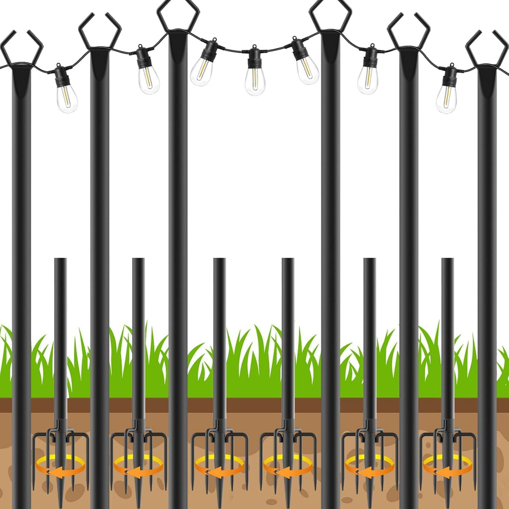 AHRLHR 6 Pack String Light Poles, Outdoor String Light Pole 10 ft Forked Metal Light Pole with Adjustable Outdoor Light Stand, Deck, Backyard, Garden, Wedding, Rustproof and Sturdy with Hooks.