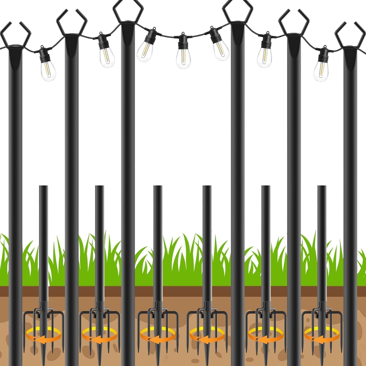 AHRLHR 6 Pack String Light Poles, Outdoor String Light Pole 10 ft Forked Metal Light Pole with Adjustable Outdoor Light Stand, Deck, Backyard, Garden, Wedding, Rustproof and Sturdy with Hooks.