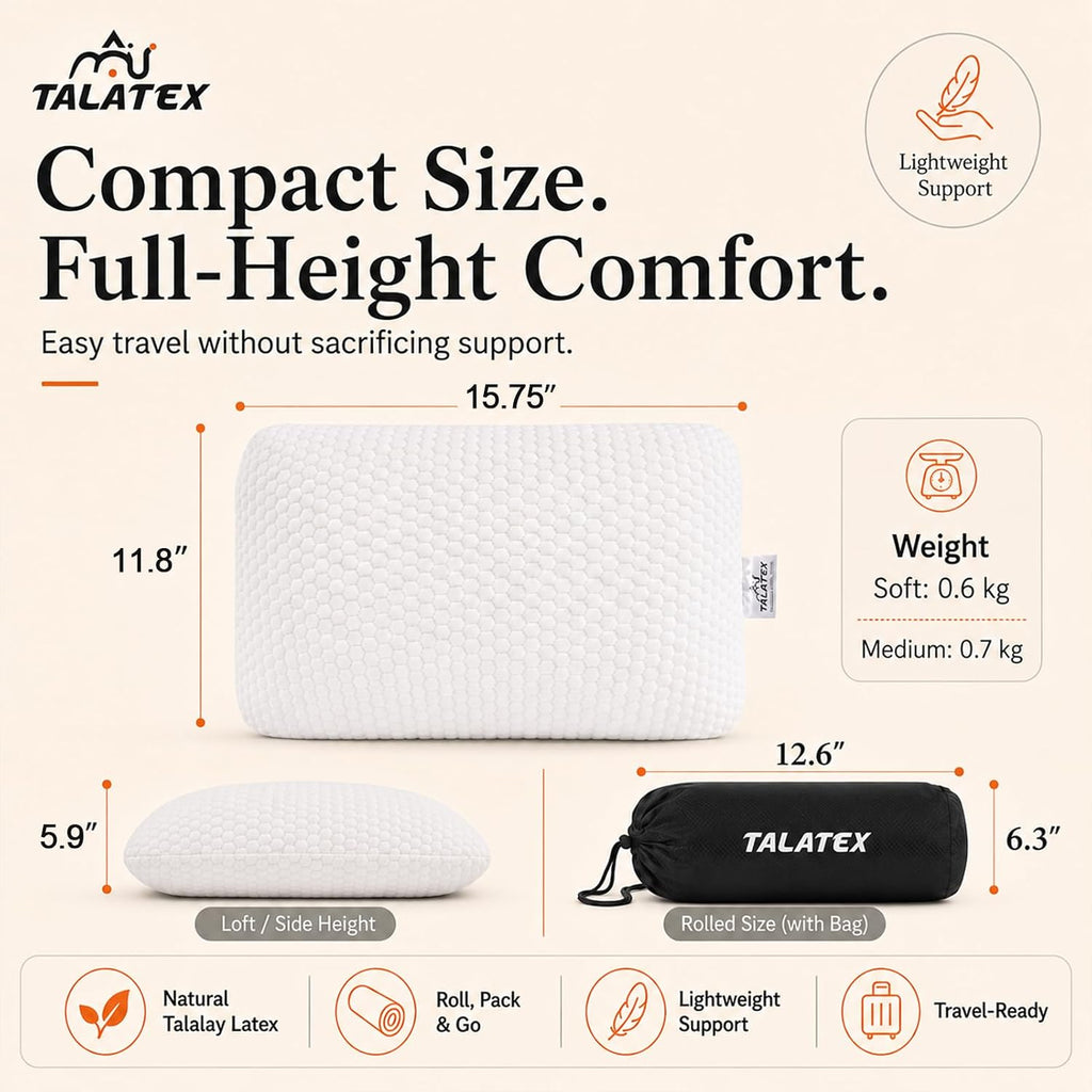 Talatex 100% Natural Premium Talalay Latex Travel Pillow, Camping Pillow, Small Camping Pillow with Compressible Stuff Sack, No Memory Foam Chemicals with Washable Cover (Medium Latex, 1)