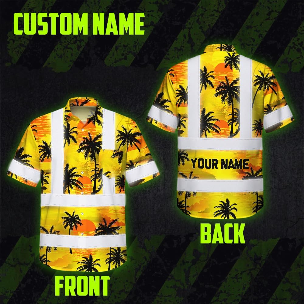 High Visibility Hawaiian Shirt for Men Tropical Shirts Custom Name Floral Outfit Reflective Safety Workwear