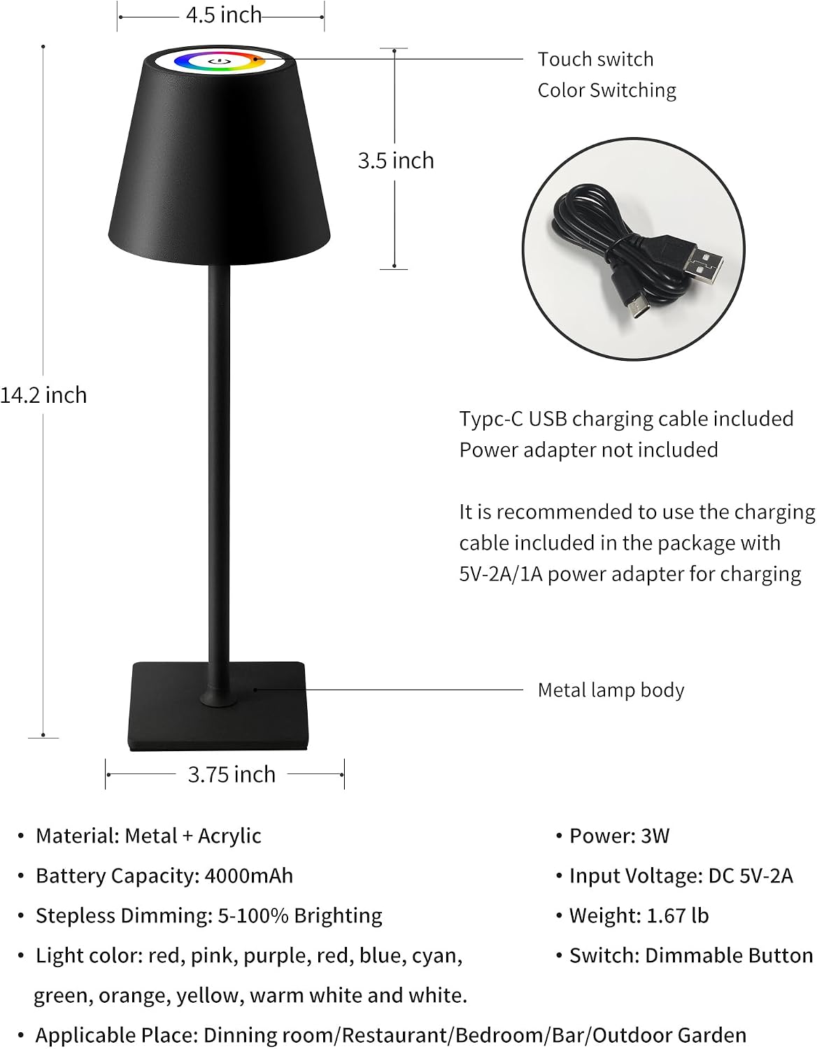 KDG 2 Pack Cordless Black Table Lamps, RGB Color Stepless Dimming Desk Lamp