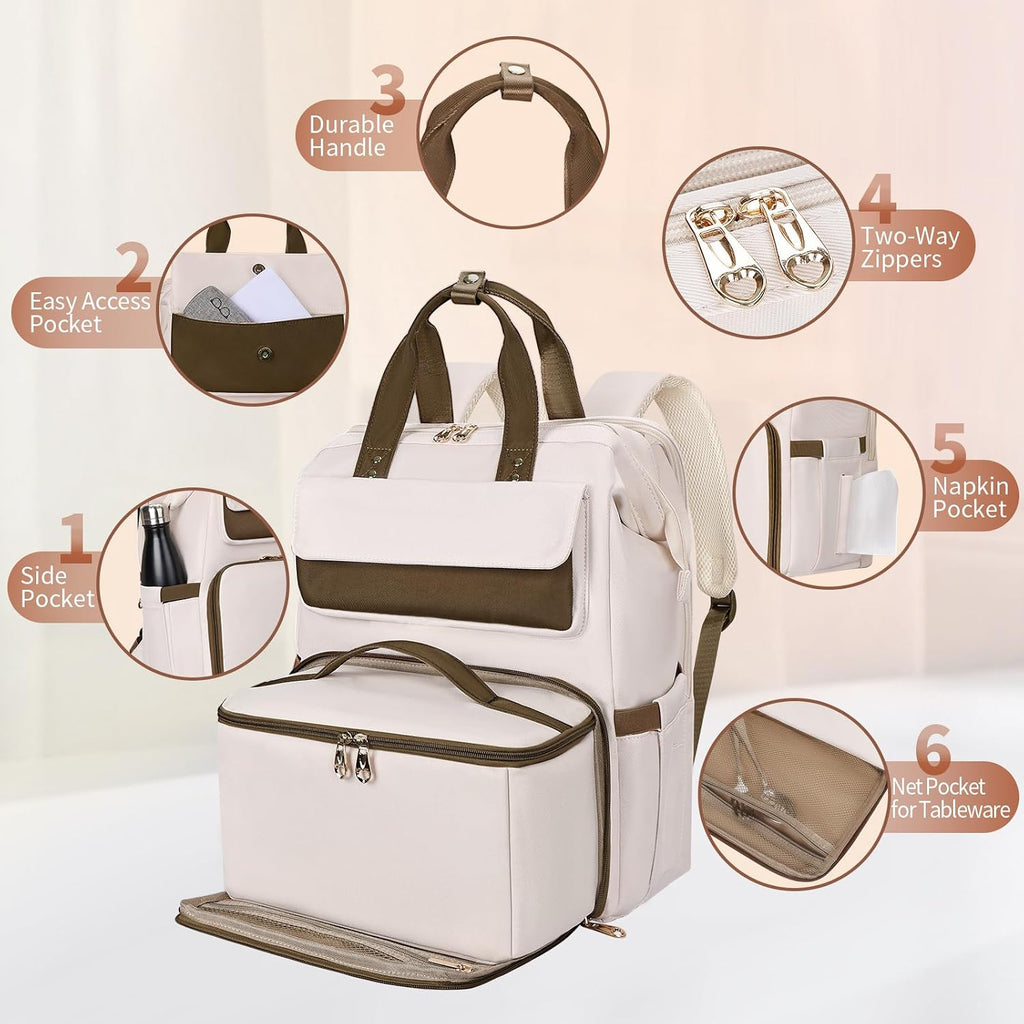 BERTASCHE Lunch Backpack for Women, 15.6 Inch Laptop Backpack with Insulated Cooler Lunch box, Nurse Backpack for Teacher Work Travel College Picnic, Beige