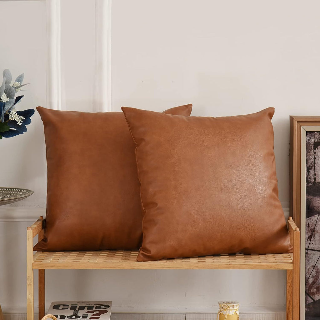 Tosewever Faux Leather Throw Pillow Covers, 18 x 18 inch Set of 2 Luxury Cognac Brown Modern Pillowcases Solid Decorative Square Cushion Cases for Bedroom Living Room Couch Bed Sofa (Brown, 18" x 18")
