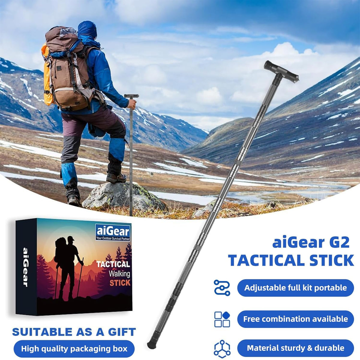 aiGear G2 Tactical Hiking Stick with Survival Kit, 5-Section Staff