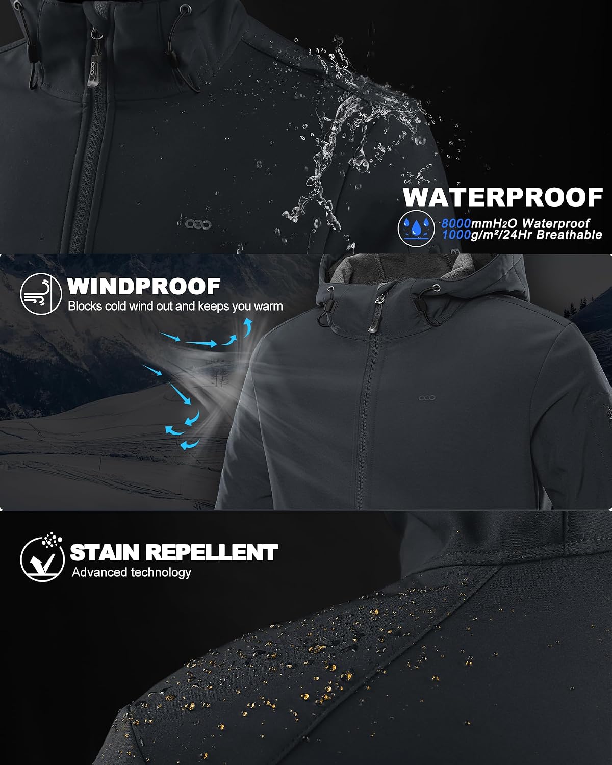 33,000ft Men's Hooded Fleece Lined Rain Shell Jacket Waterproof Lightweight