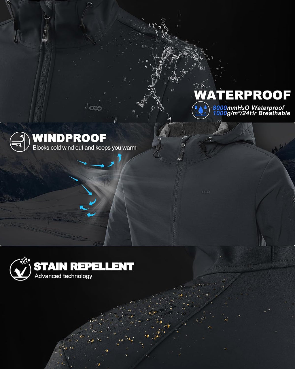 33,000ft Men's Hooded Fleece Lined Rain Shell Jacket Waterproof Lightweight