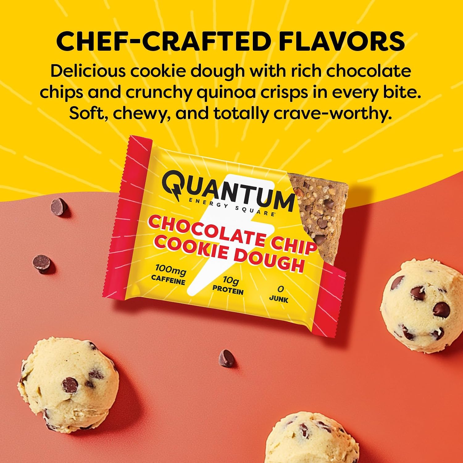 QES Energy Bar, Chocolate Chip Cookie Dough, Caffeine, 10g Protein, Vegan