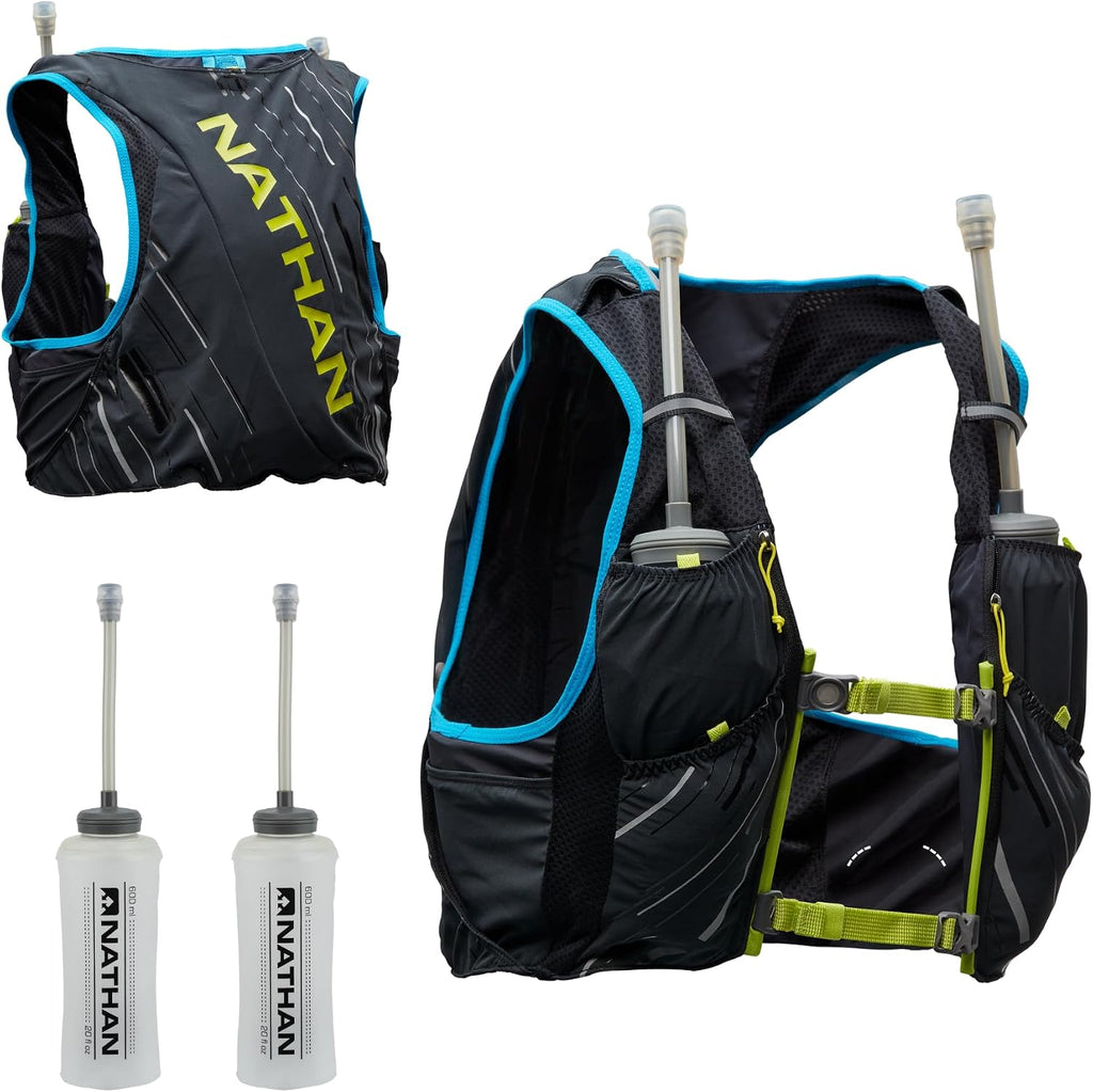 Nathan Men's Pinnacle Race Vest 4L Hydration Pack, Two 20 oz Soft Flasks, Running, Hiking, Water-Resistant, Moisture Wicking, Adjustable Straps
