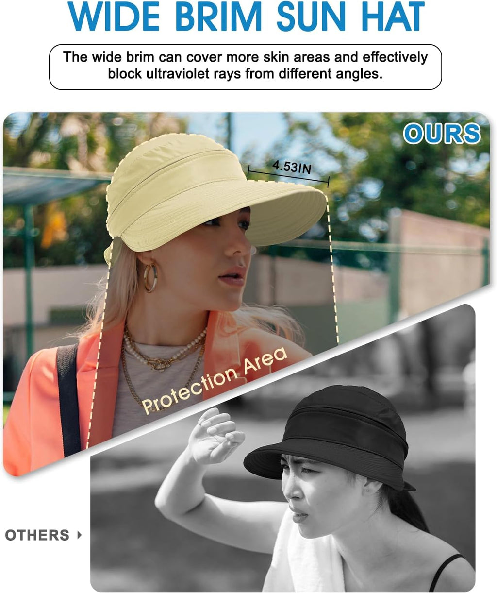 Century Star Sun Hat for Women Wide Brim Zip-Off Beach Hat Visor Ponytail UV Protection Summer Visors