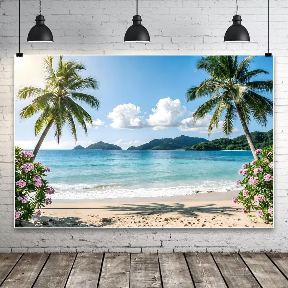 Summer Hawaii Beach Backdrop 10x8ft Tropical Luau Seaside Sunset Palm Flower Photography Background for Summer Holiday Travel Birthday Wedding Party Decoration Supplies Banner Photo Props