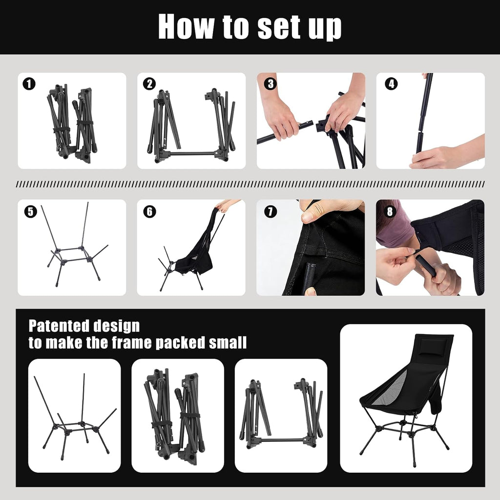 2 Pack High Back Camping Chair, 2-in-1 Height Adjustable, Heavy Duty