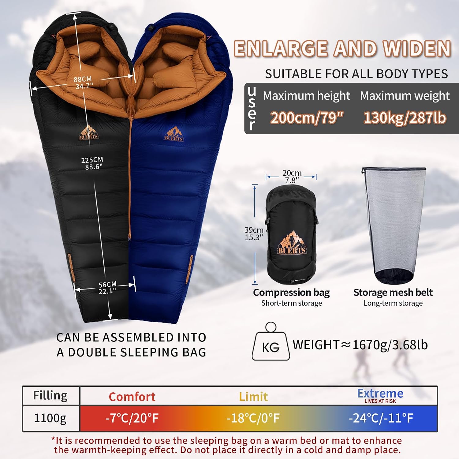 Down Backpacking Sleeping Bag.Cold Weather Sleeping Bag 30°F 20°F 10°F (Multiple Temperature Options), XL Large 4 Season Sleeping Bag for Adults Camping Hiking Mountaineering