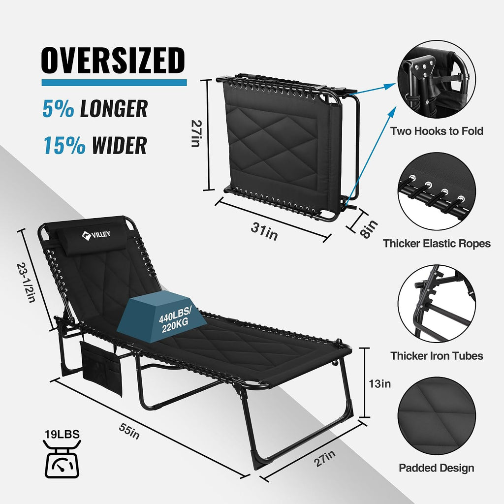 VILLEY Oversized Padded Chaise Lounge with Cushion, Foldable Recliner