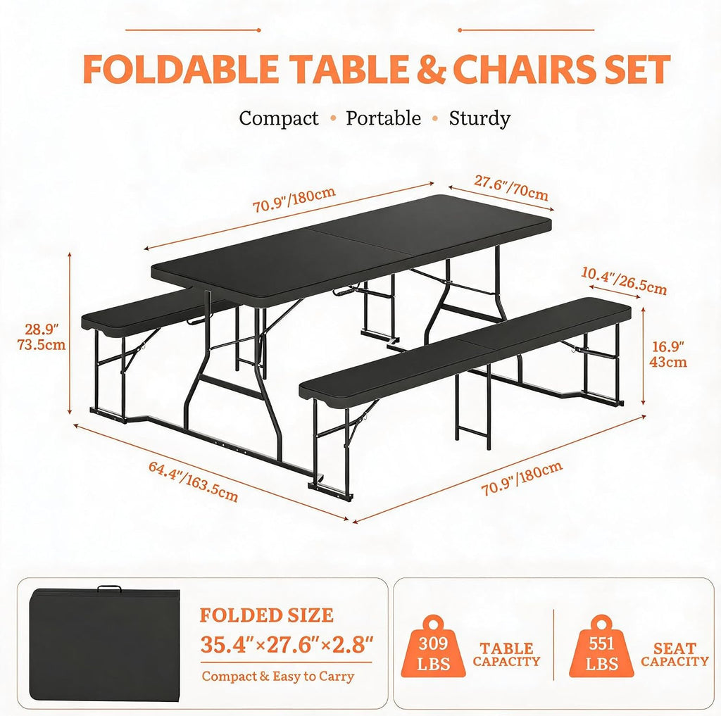 DWVO 6ft Picnic Table Set, Outdoor Folding Picnic Tables with Benches