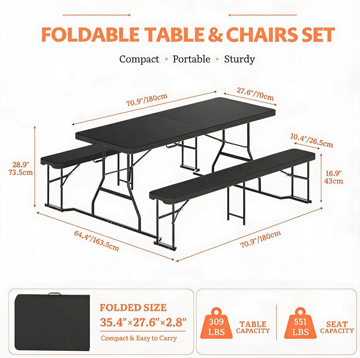 DWVO 6ft Picnic Table Set, Outdoor Folding Picnic Tables with Benches