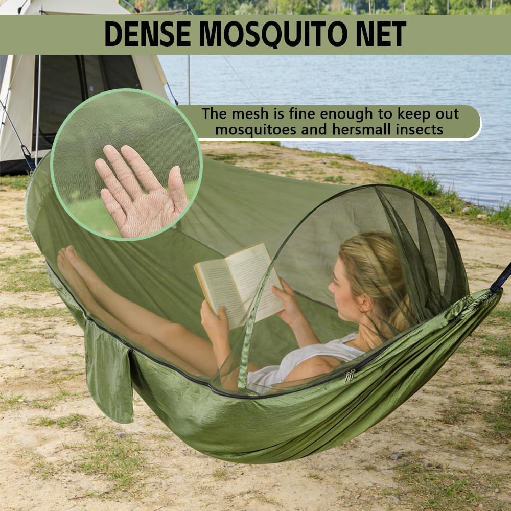 Camping Hammock with Mosquito Net - Double & Single Portable Hammocks with 2 Tree Straps, Lightweight Hammock Tent for Outdoor Camping, Hiking, Backpacking, Beach & Backyard (Army Green)