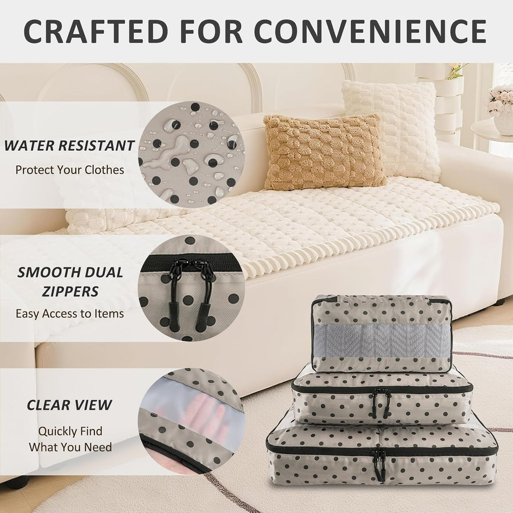 U+U 5 Set Packing Cubes, Travel Organizers with Shoe Bag (Brown Polka Dot)