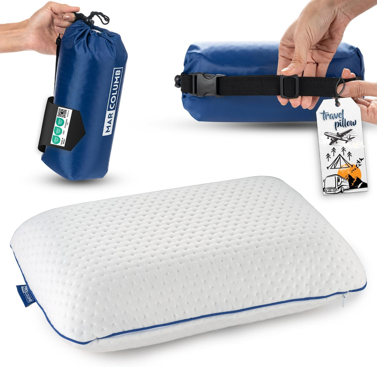 Travel & Camping Comfortable Memory Foam Pillow – Easy to Carry Portable Bag – Temperature Regulating Pillow Case - Perfect for Travelling (White)