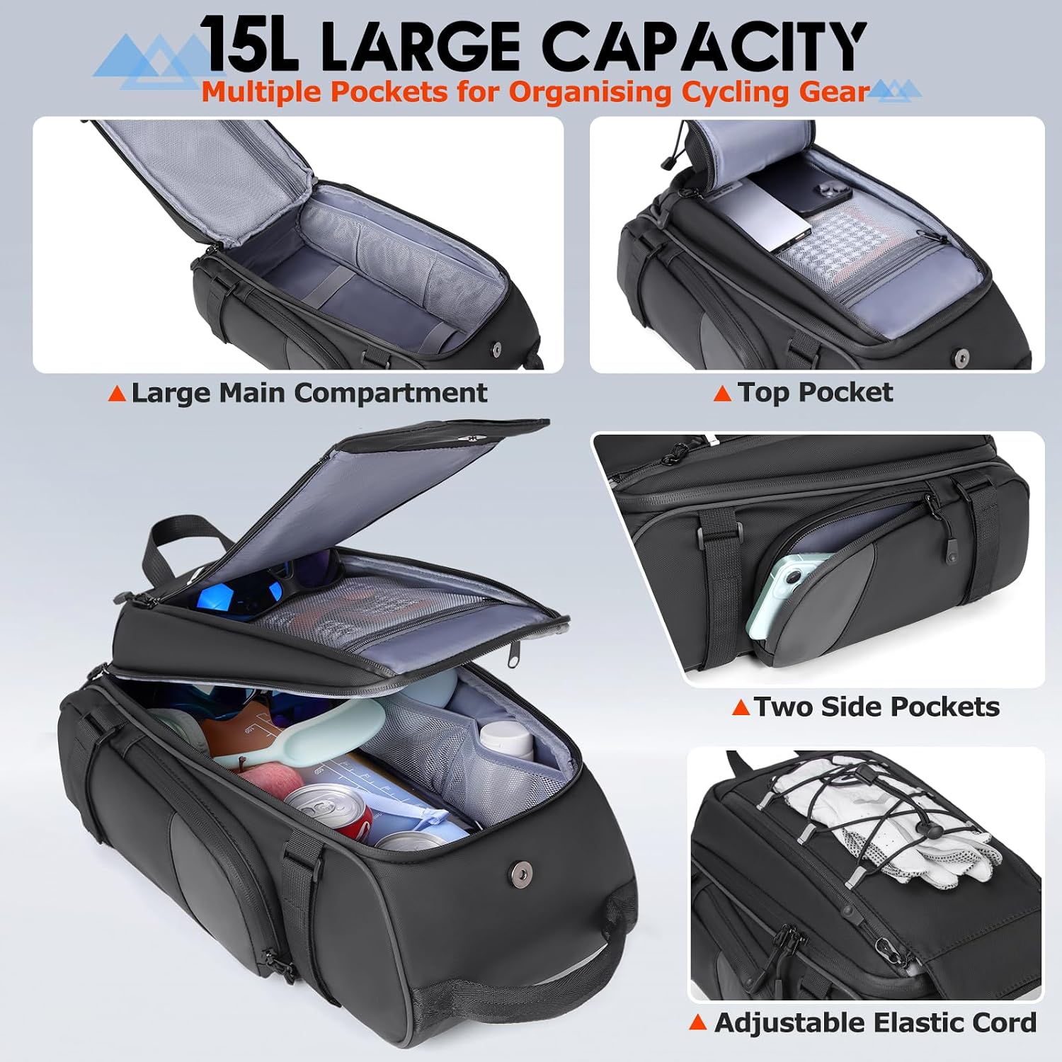RAINSMORE Bike Bag for Bicycle Rear Rack 15L Waterproof Ebike Trunk Bag