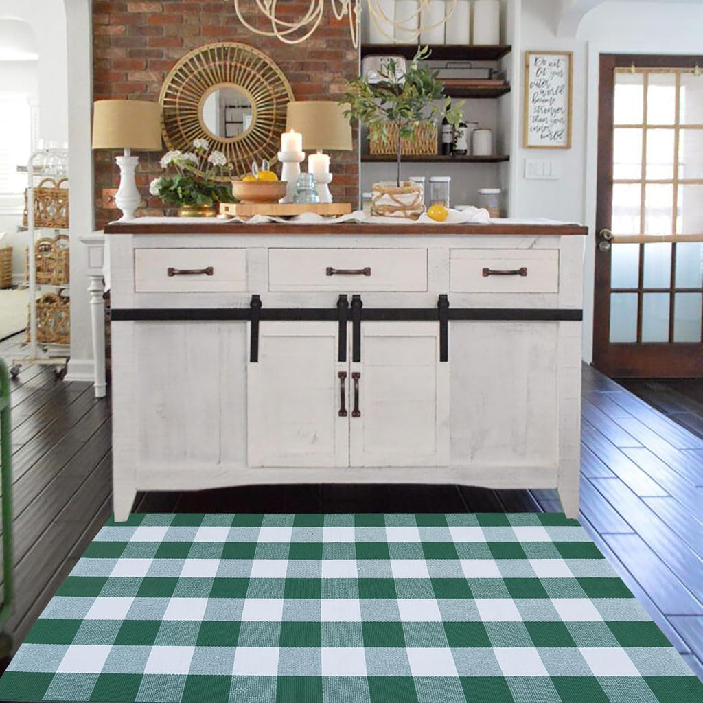 CAINANEL Green and White Buffalo Plaid Outdoor Rug Spring Door Mat Layering Rug Welcome Doormats for Spring Easter Farmhouse Entrance Porch Outdoors Decor