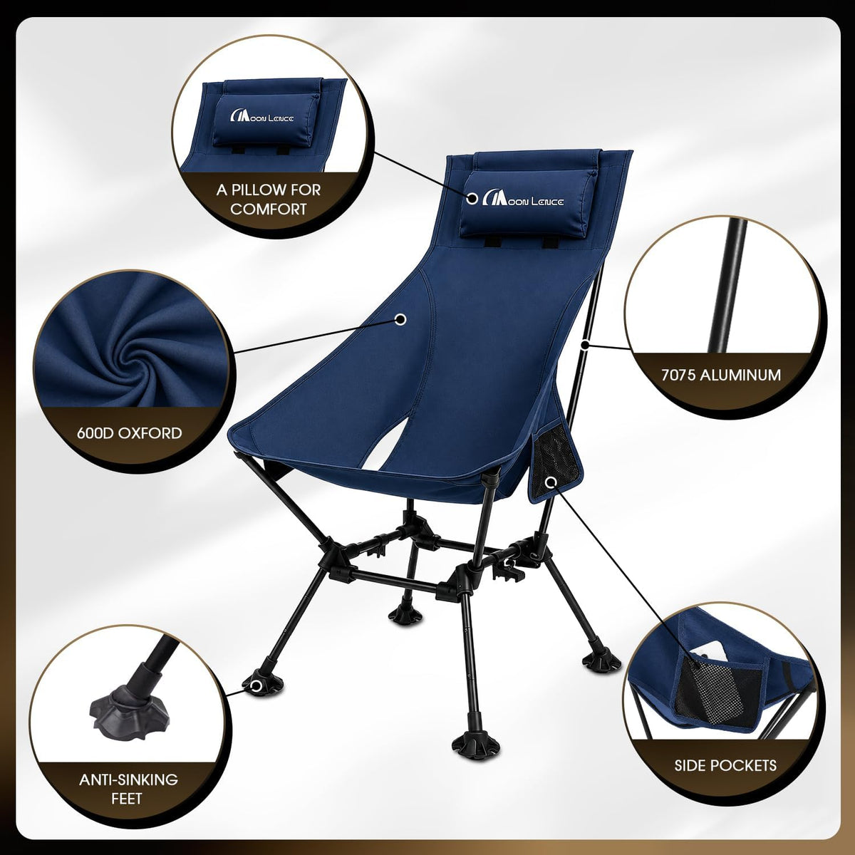 MOON LENCE High Back Folding Camping Chairs, Height-Adjustable, Widened Seat, for Beach with Anti-Sinking Feet (Blue)