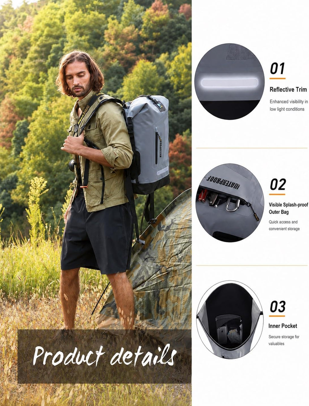 dry Waterproof Backpack and Dry Bag 20L/30L/40L, Floating Bag for Men, Kayak, Gray, 30L, Hiking Backpack