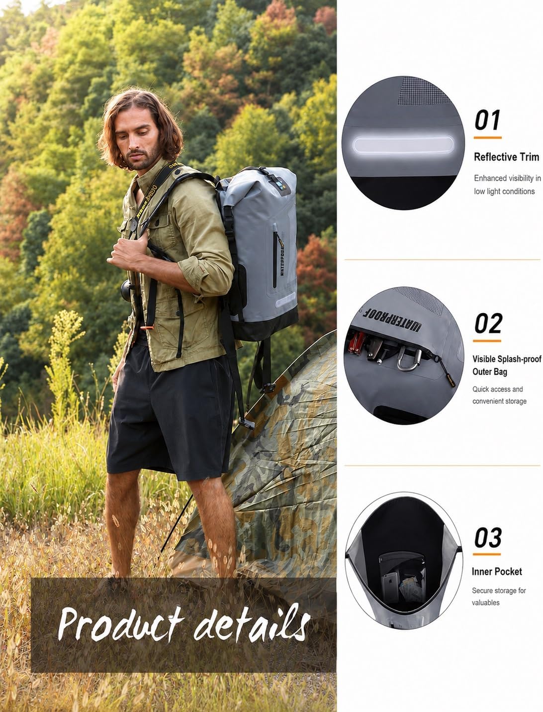 dry Waterproof Backpack and Dry Bag 20L/30L/40L, Floating Bag for Men, Kayak, Gray, 30L, Hiking Backpack