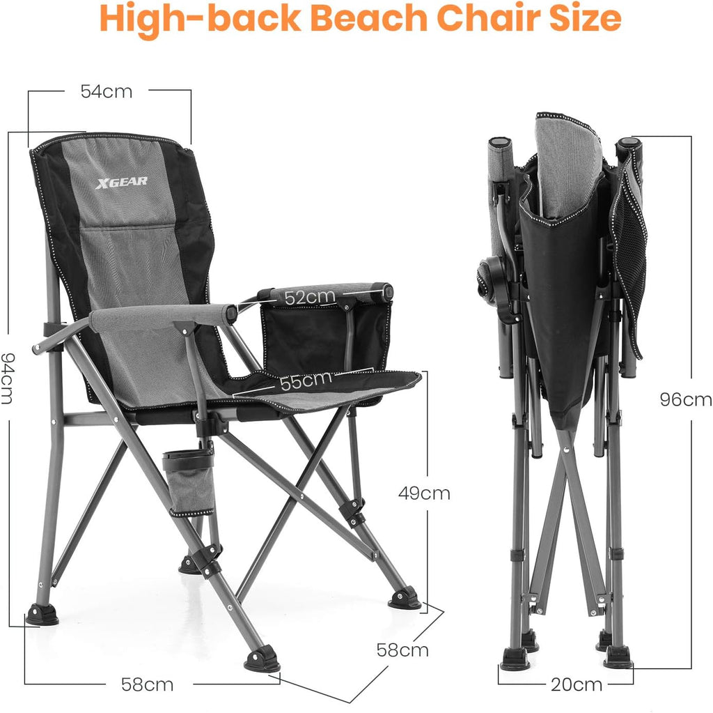 XGEAR 330LB Heavy Duty High Back Hard Arm Camping Chair with Cup Holder